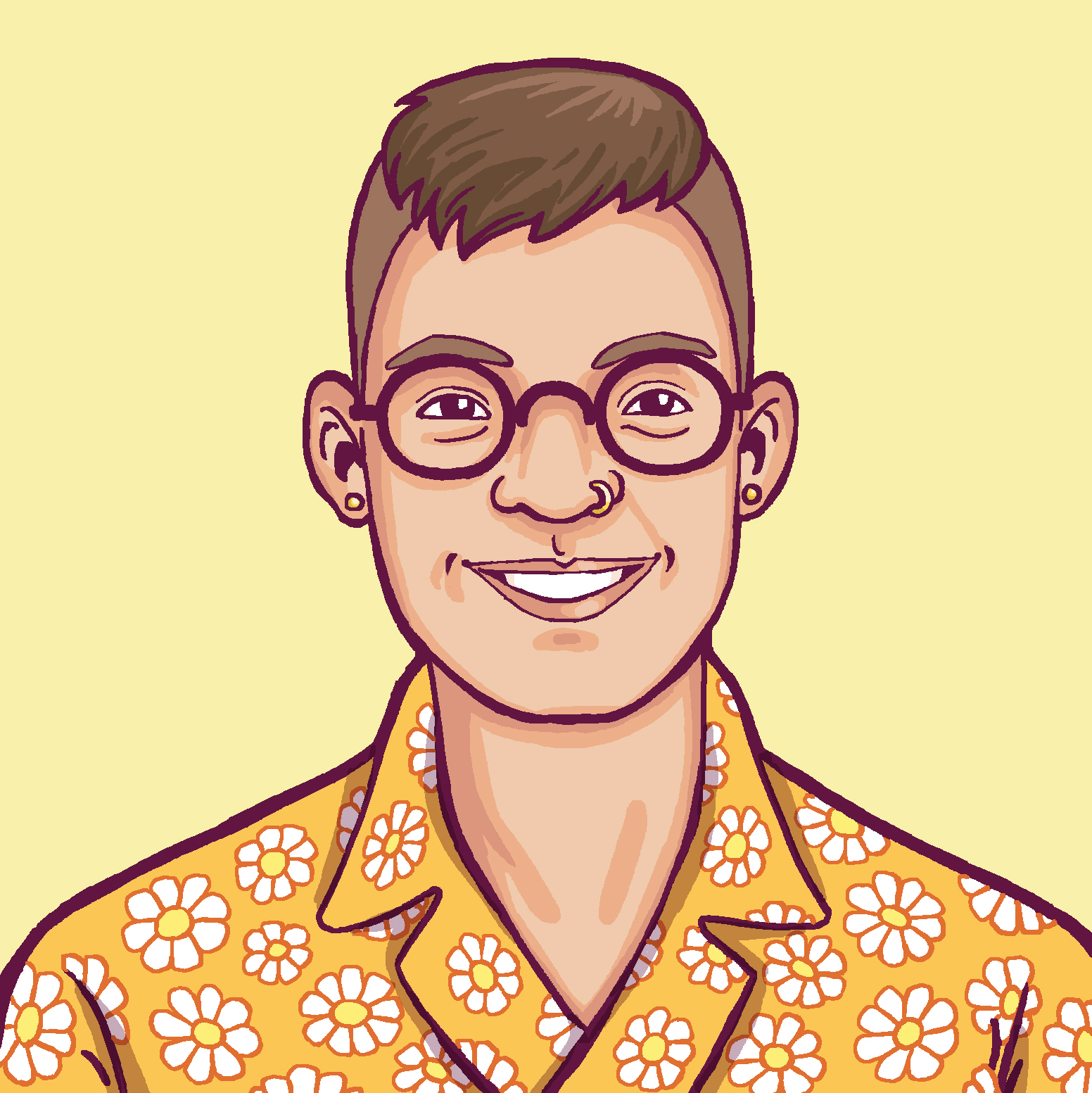 A cartoon of Flourish Klink, a white person wearing round glasses and a collared shirt.